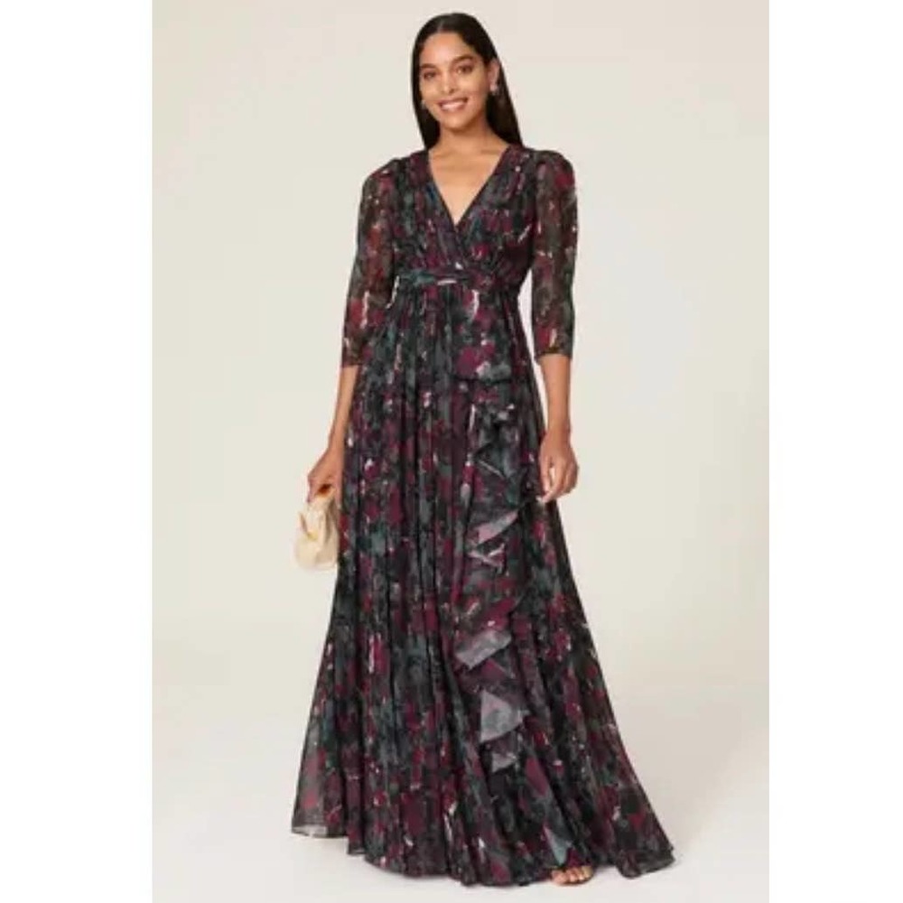 Badgley Mischka (16) Womens Green Floral Chiffon Pleated Gown Dress 1/2 Sleeve